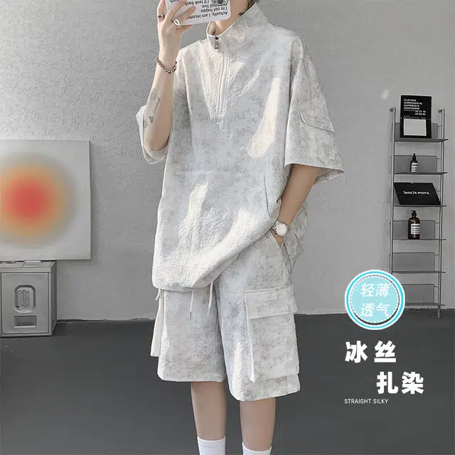 零氏 薄款宽松扎染短袖上衣百搭舒适时尚直筒五分裤休闲运动套装 男女同款
