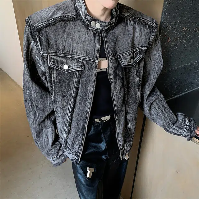 零氏 美式复古水洗高街做旧短款立领春秋垫肩夹克时尚毛边设计牛仔外套 男女同款