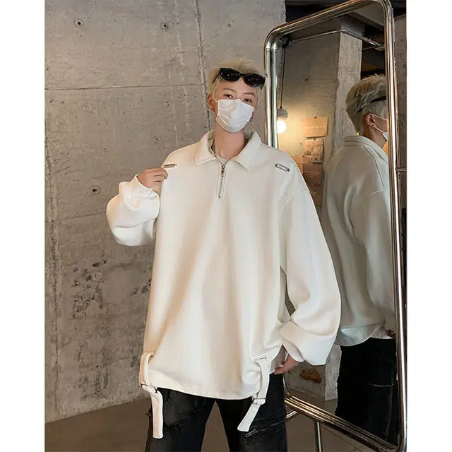 零氏 美式高街设计感男士潮流帅气宽松金属气眼拉链翻领长袖卫衣 男女同款
