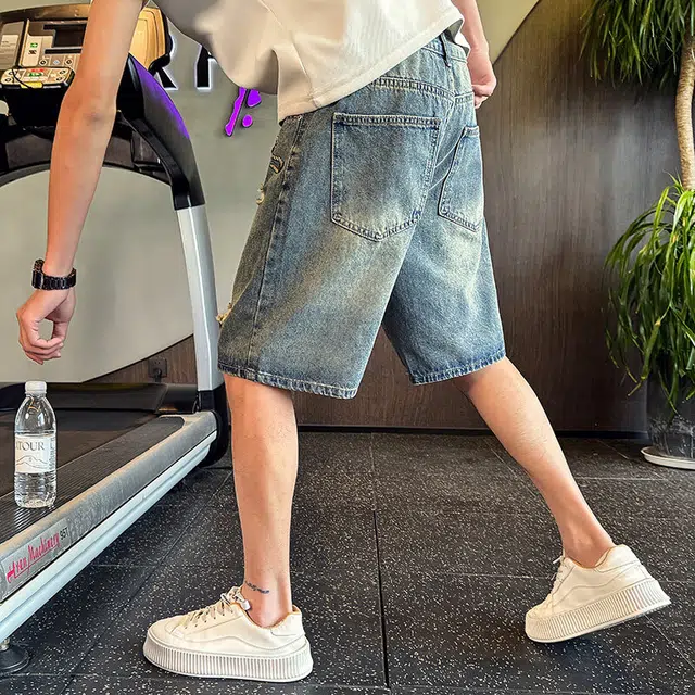零氏 夏季潮流破洞设计时尚宽松百搭基础经典潮牌休闲薄款中裤五分牛仔短裤 男女同款