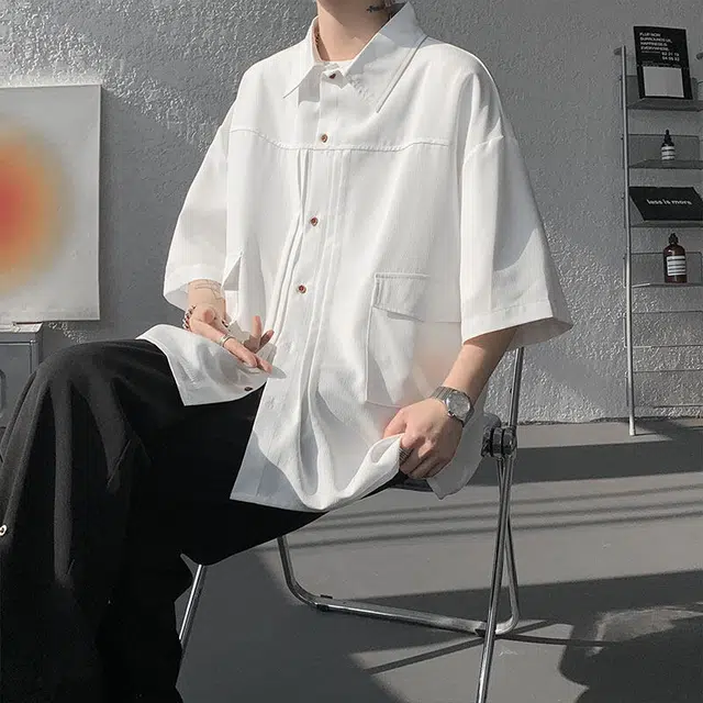 零氏 日系复古美式冷淡设计感柔软亲肤大码潮牌百搭休闲简约舒适时尚纯色宽松适中翻领常规落肩短袖衬衫 男女同款