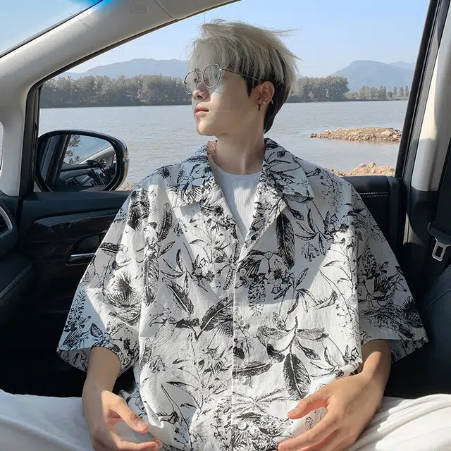 零氏 水墨薄款透气纯棉衬衣翻领设计休闲衣服夏威夷海边度假沙滩短袖衬衫 男女同款