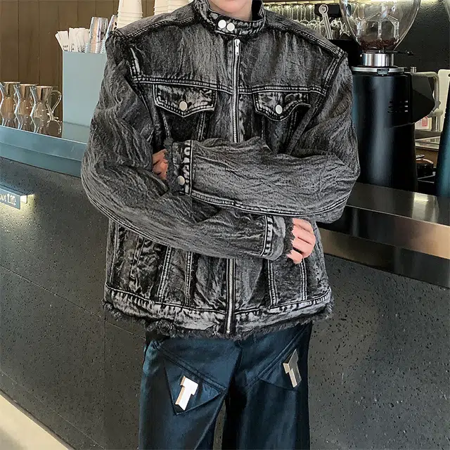 零氏 美式复古水洗高街做旧短款立领春秋垫肩夹克时尚毛边设计牛仔外套 男女同款