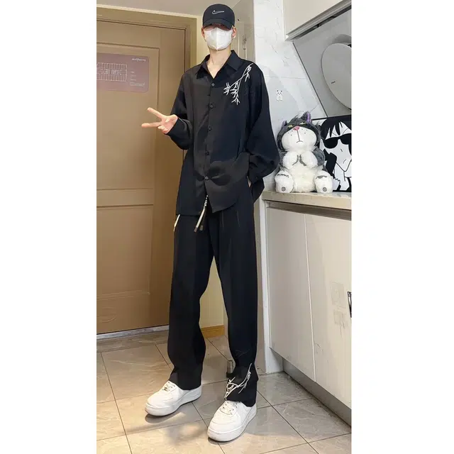 零氏 新中式国风垂感竹子刺绣上衣休闲舒适松紧腰长袖长裤衬衫套装 男女同款