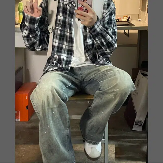 零氏 美式复古水洗做旧高街扎染泼墨设计个性基础款舒适亲肤透气宽松百搭直筒阔腿牛仔裤 男女同款