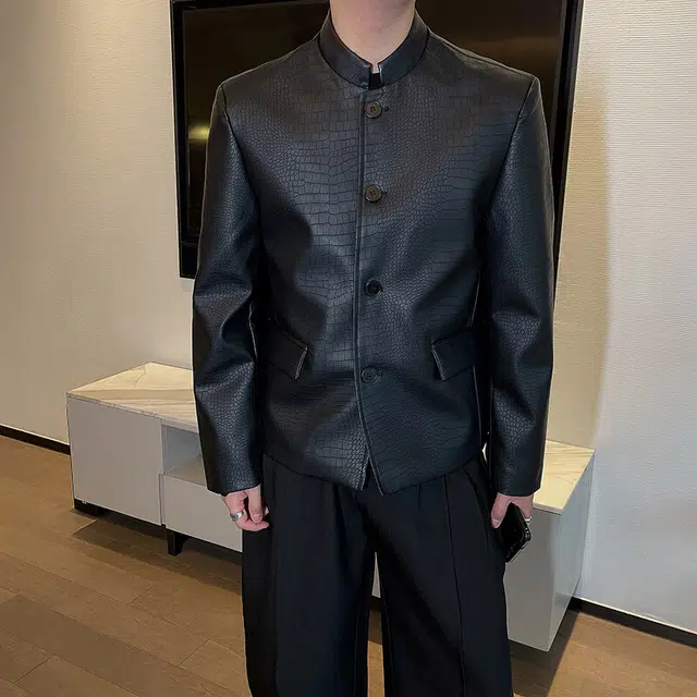 零氏 新中式鳄鱼纹纯色立领单排扣皮夹克外套西装 男女同款