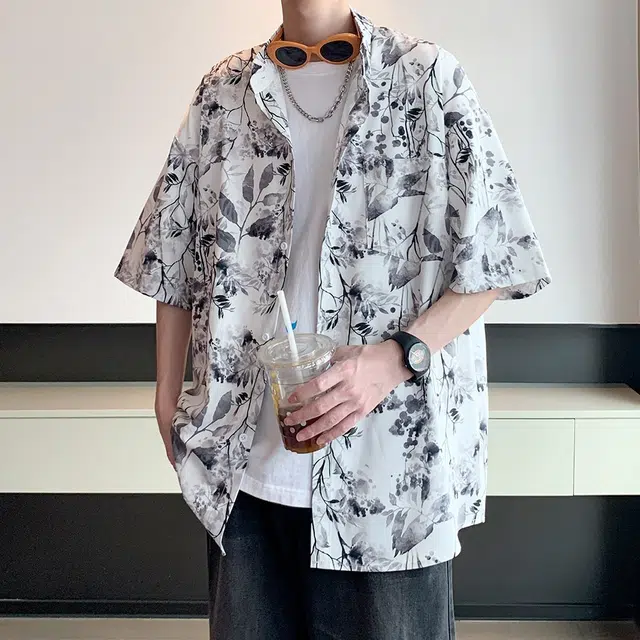 零氏 小众设计感凉感浅色花衬衣夏威夷古巴领休闲百搭短袖衬衫 男女同款