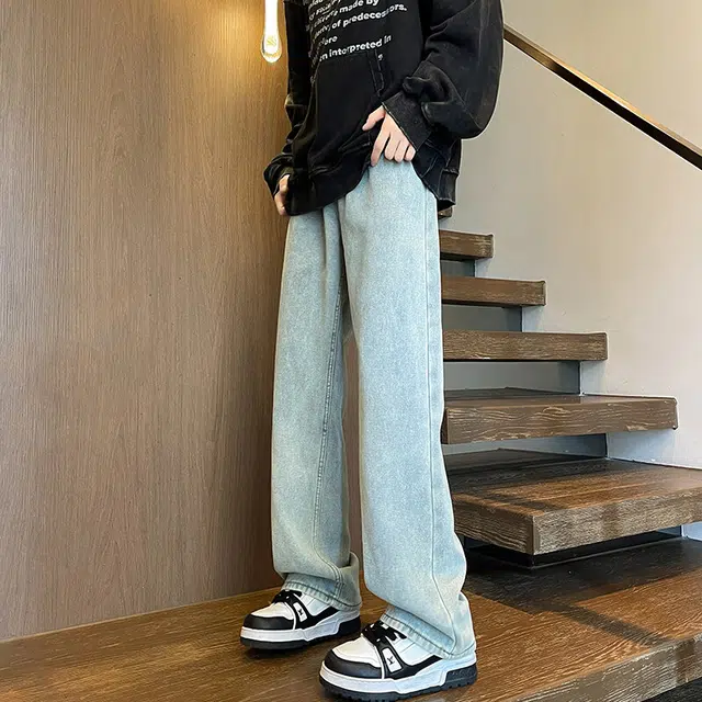 零氏 美式复古潮流水洗做旧简约基础款长裤高街潮牌宽松百搭舒适休闲微喇直筒阔腿牛仔裤 男女同款