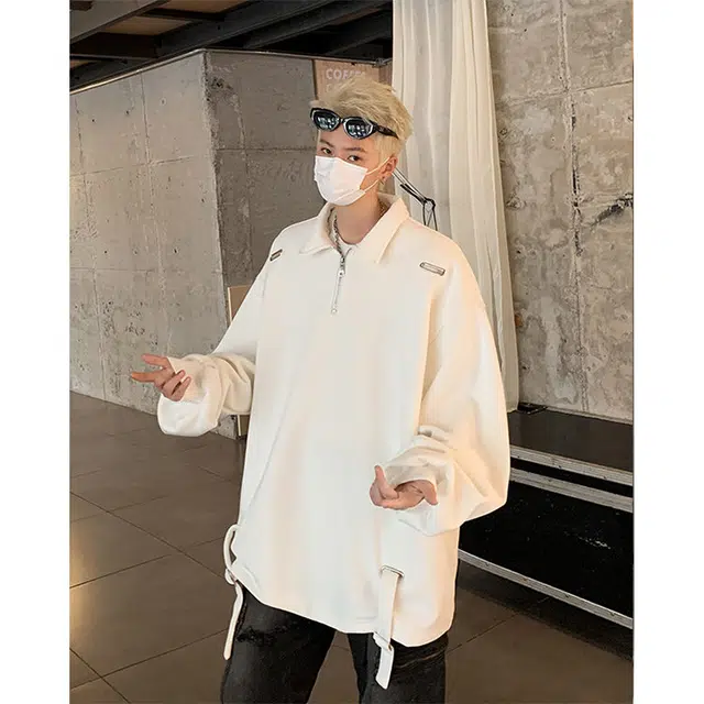 零氏 美式高街设计感男士潮流帅气宽松金属气眼拉链翻领长袖卫衣 男女同款