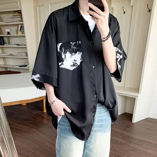零氏 新中式水墨画贴口袋潮流上衣薄款宽松休闲百搭短袖衬衫 男女同款
