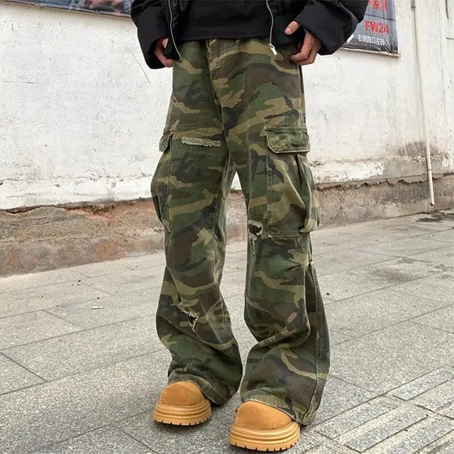 零氏 美式高街迷彩多口袋破洞设计长裤休闲百搭运动户外透气爬山宽松直筒微喇牛仔裤 男女同款