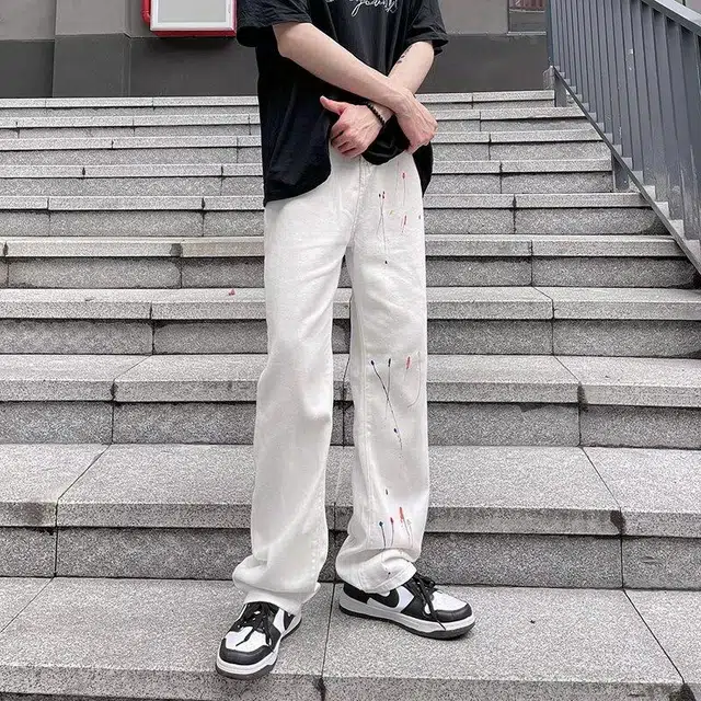 零氏 美式复古高街潮流泼墨设计宽松百搭时尚长裤垂感休闲直筒牛仔裤 男女同款