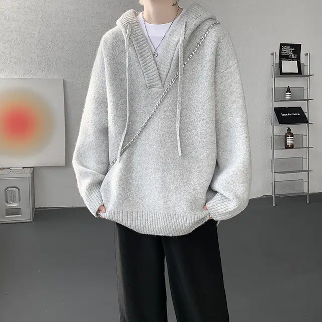 零氏 美式潮牌简约纯色高街嘻哈街头毛线衣宽松休闲运动高级感慵懒风大码加厚保暖百搭舒适套头连帽针织衫 男女同款