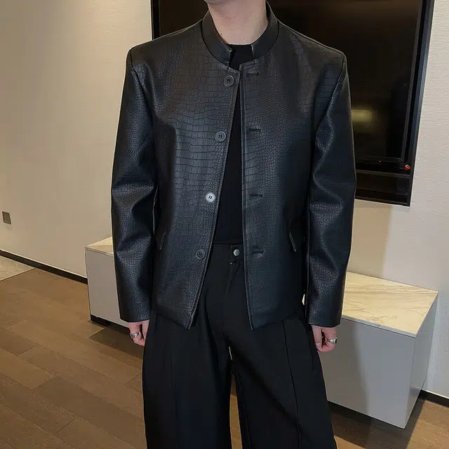 零氏 新中式鳄鱼纹纯色立领单排扣皮夹克外套西装 男女同款