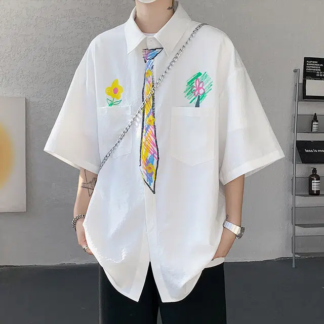 零氏 时尚潮流美式学院趣味手绘涂鸦领带创意设计感个性潮酷无性别主义简约慵懒宽松百搭舒适透气薄款短袖衬衫 男女同款