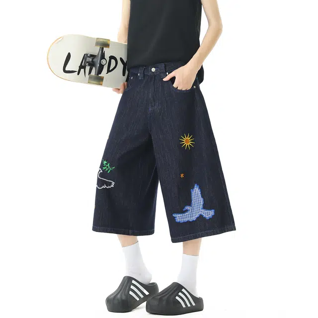 零氏 美式复古趣味刺绣百搭时尚休闲高街七分裤牛仔短裤 男女同款