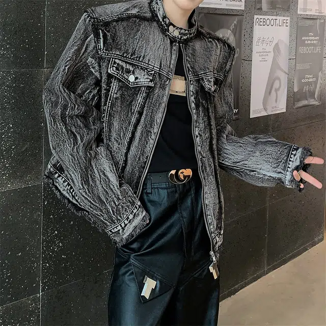 零氏 美式复古水洗高街做旧短款立领春秋垫肩夹克时尚毛边设计牛仔外套 男女同款