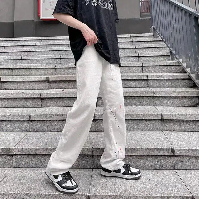 零氏 美式复古高街潮流泼墨设计宽松百搭时尚长裤垂感休闲直筒牛仔裤 男女同款