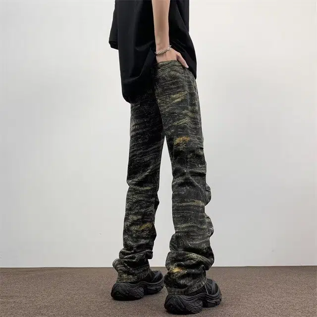 零氏 复古美式街头嘻哈风迷彩褶皱设计感微喇修身休闲裤 男女同款