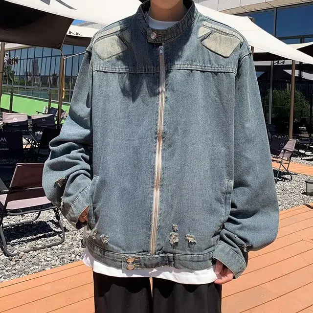 零氏 美式小众破洞毛边工装春秋季设计感解构复古立领机车牛仔外套 男女同款