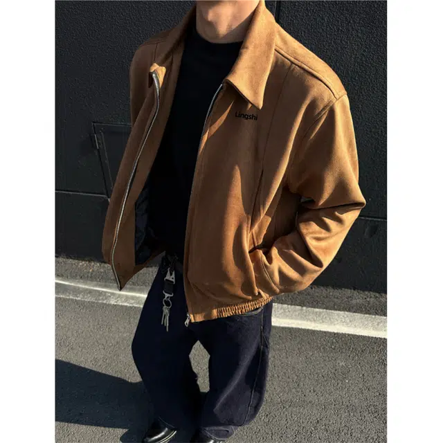 零氏 美式高街简约纯色基础款休闲运动麂皮绒飞行员高级感日常翻领长袖短款外套夹克 男女同款