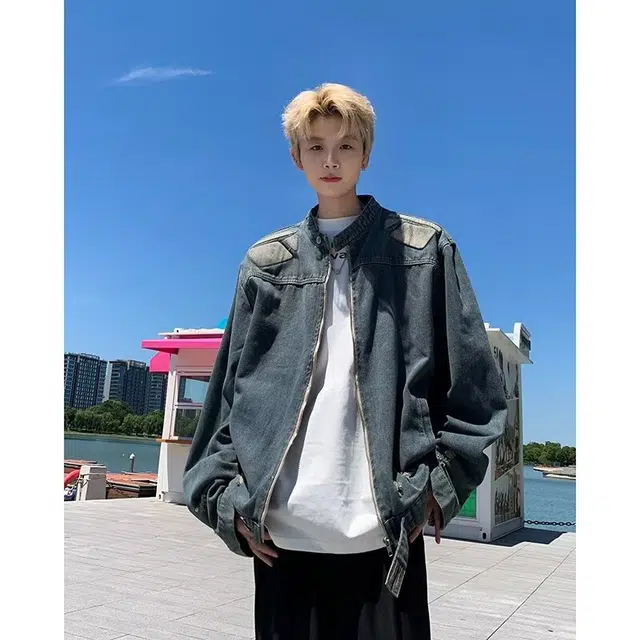 零氏 美式小众破洞毛边工装春秋季设计感解构复古立领机车牛仔外套 男女同款