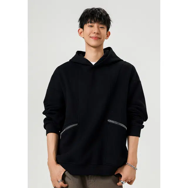 零氏 纯色连帽落肩宽松抗皱烫解构分割拉链口袋卫衣外套 男女同款