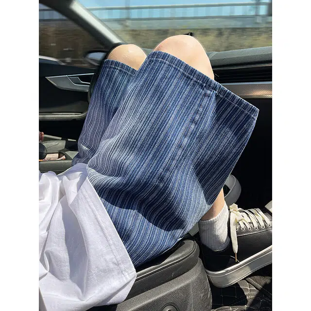 零氏 美式高街设计感青春时尚潮流休闲直筒阔腿水洗条纹五分裤子牛仔短裤 男女同款