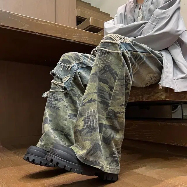 零氏 美式复古潮流重工垫布乱针绣迷彩水洗长裤牛仔裤 男女同款