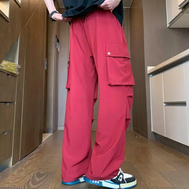 零氏 美式复古基础款冰丝凉感高街纯色简约出行褶皱裤子户外机能风大口袋松紧系带降落伞裤显瘦宽松阔腿直筒工装休闲裤 男女同款