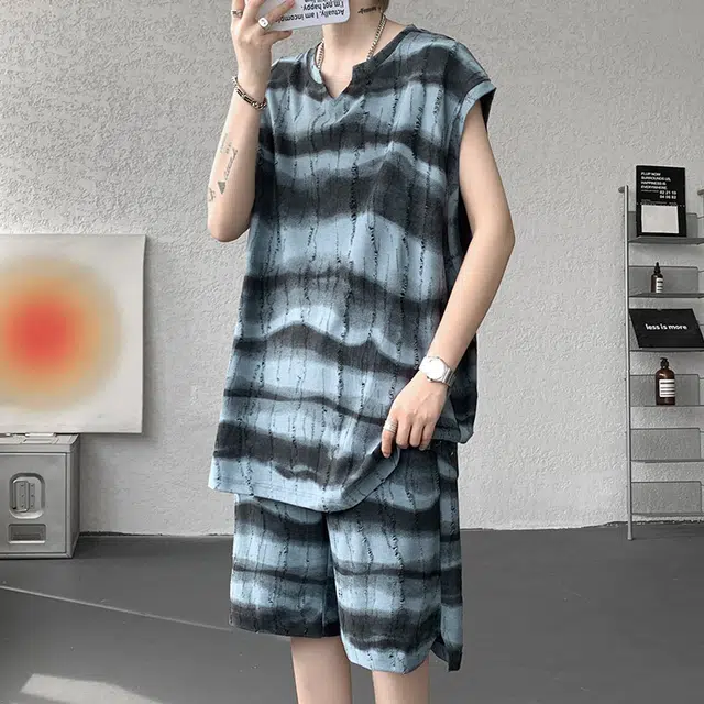 零氏 冰丝薄款美式潮牌条纹扎染无袖上衣百搭透气短裤休闲运动套装 男女同款