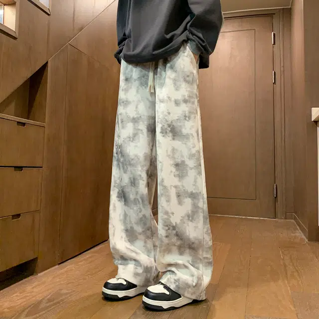零氏 简约百搭扎染美式复古日常通勤宽松系带拖地直筒休闲裤 男女同款