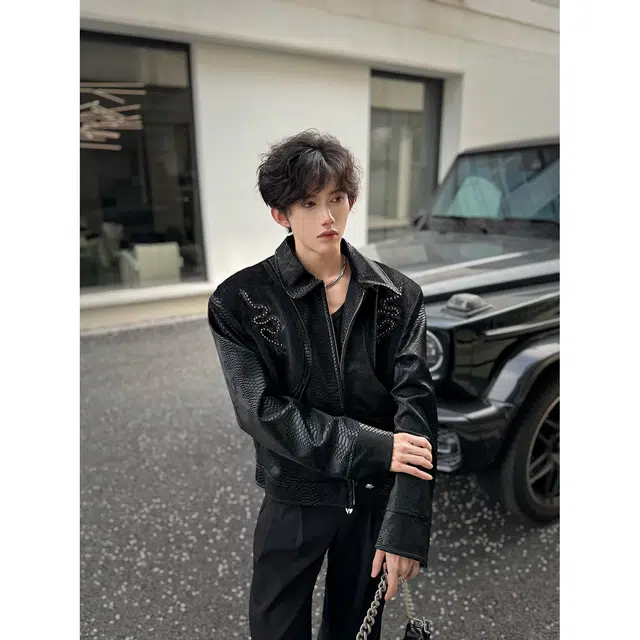 零氏 美式高街小众钉珠刺绣蟒蛇设计感皮衣个性休闲百搭宽松潮牌短款长袖外套夹克 男女同款