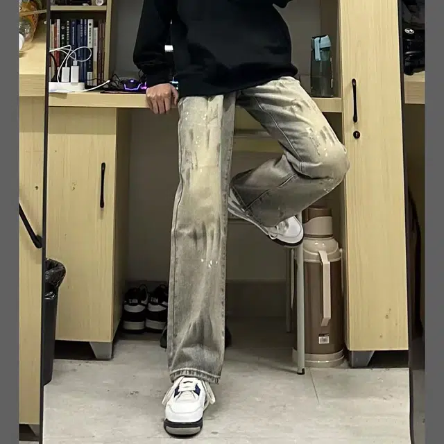 零氏 美式复古水洗做旧高街扎染泼墨设计个性基础款舒适亲肤透气宽松百搭直筒阔腿牛仔裤 男女同款