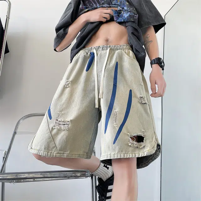 零氏 美式复古夏季高街潮流破洞多元素彩纹设计感水洗做旧休闲百搭时尚基础直筒五分牛仔短裤 男女同款