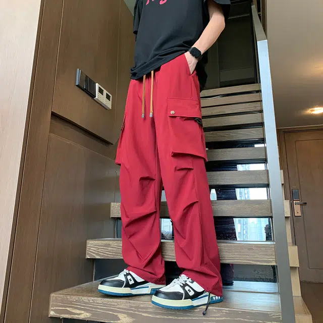 零氏 美式复古基础款冰丝凉感高街纯色简约出行褶皱裤子户外机能风大口袋松紧系带降落伞裤显瘦宽松阔腿直筒工装休闲裤 男女同款