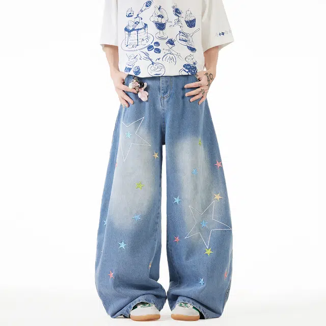 零氏 美式复古星星刺绣弯刀长裤潮牌宽松阔腿水洗做旧牛仔裤 男女同款