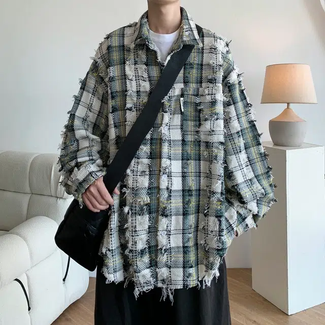 零氏 格纹毛边设计感潮牌美式休闲宽松长袖衬衫 男女同款