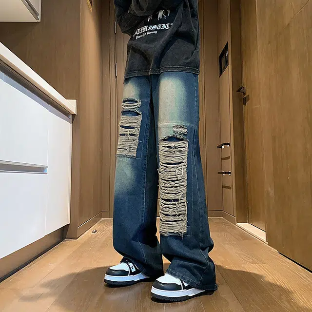 零氏 美式高街复古做旧水洗破洞补丁刮烂设计嘻哈街头中腰阔腿垂感直筒拖地牛仔裤 男女同款