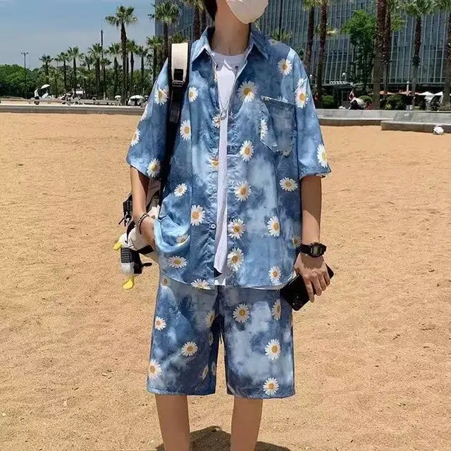 零氏 潮牌复古满印宽松排扣短袖百搭休闲海边沙滩五分短裤衬衫套装 男女同款