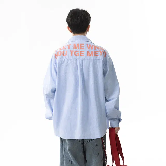 零氏 美式潮流条纹印花长袖衬衫 男女同款