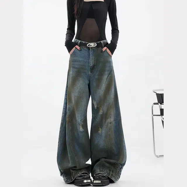 零氏 美式复古潮流小众结构弯刀裤水洗做旧破洞宽松阔腿工装牛仔裤 男女同款