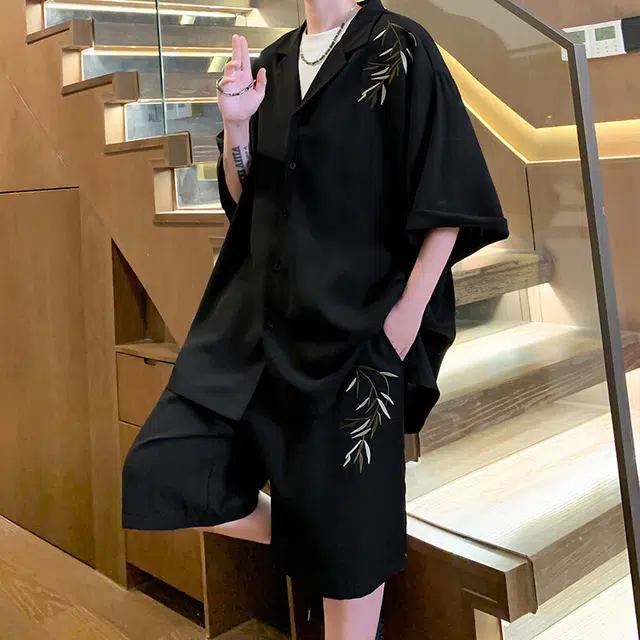 零氏 新中式国风墨竹古风唐装设计休闲日常薄款凉感短袖衬衫套装 男女同款