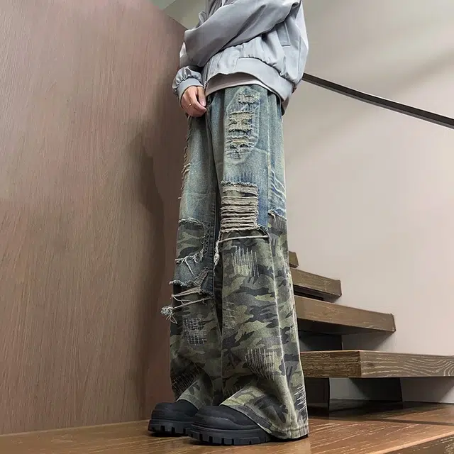 零氏 美式复古潮流重工垫布乱针绣迷彩水洗长裤牛仔裤 男女同款