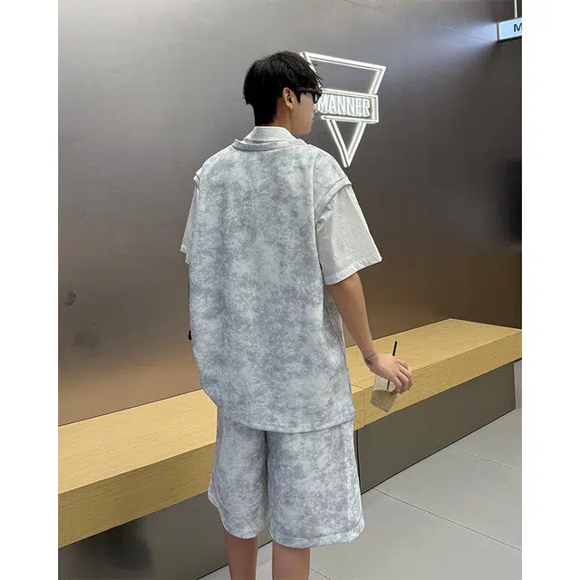 零氏 美式潮流无性别主义时尚简约拼接设计短袖短裤舒适休闲运动套装 男女同款