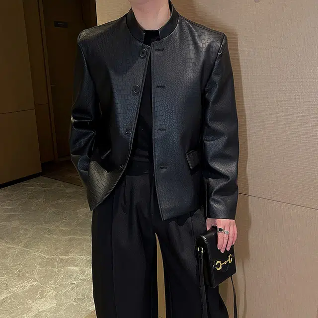 零氏 新中式鳄鱼纹纯色立领单排扣皮夹克外套西装 男女同款