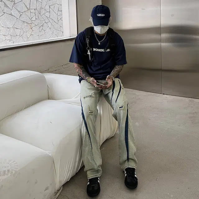 零氏 美式复古水洗做旧破洞补丁扎染拼接撞色个性设计感潮流炸街时尚宽松百搭基础长裤子休闲高街直筒阔腿牛仔裤 男女同款