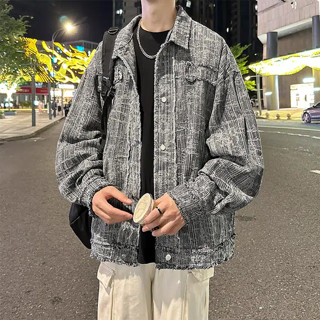 零氏 户外潮流百搭轻奢宽松山系工装薄款夹克复古重工扎染满印刺绣破洞水洗做旧时尚单排纽扣衬衫翻领长袖夹克外套 男女同款