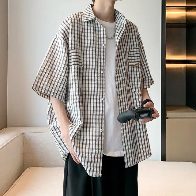 零氏 美式潮牌经典千鸟格设计感简约凉感薄款宽松百搭时尚单排扣大码上衣短袖衬衫 男女同款