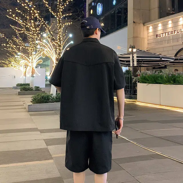 零氏 美式翻领半拉链速干冰感套头短袖上衣潮牌青春无性别主义宽松直筒透气百搭通勤短裤衬衫套装 男女同款